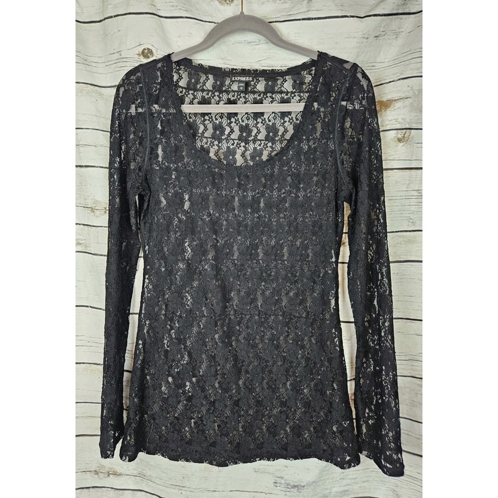 Y2K Black Express Sheer Lace Top L Long Sleeves Witchy Fairy Grunge Whimsigoth